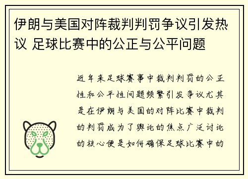 伊朗与美国对阵裁判判罚争议引发热议 足球比赛中的公正与公平问题 伊朗与美国对阵裁判判罚争议引发热议 足球比赛中的公正与公平问题